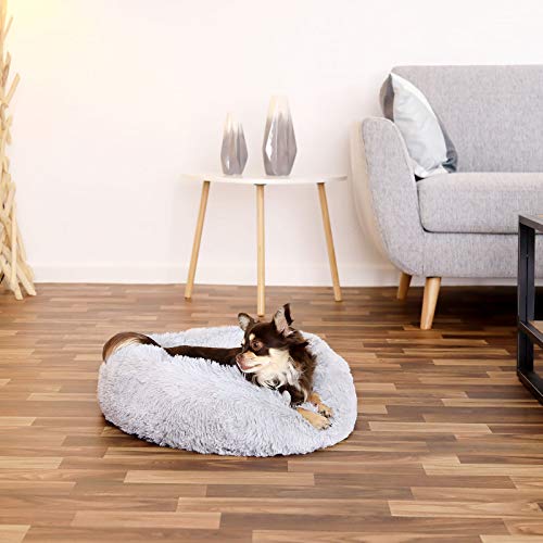 lionto Donutbett für Hunde und Katzen, Flauschiges Hundebett rund für kleine und große Heimtiere, Ø 50 cm, weiches Katzenbett aus kuscheligem Plüsch, Hundekissen mit extra Dicker Füllung, hellgrau