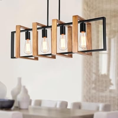 Alynzee Kitchen Island Lighting, 4-Light Dining Room Light Fixture, Black Farmhouse Pendant Light with Wood Frame, Rectangular, 51.4x31.5x9.5 inches, 9.03 lbs
