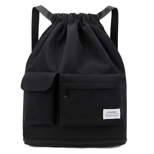FAVORTALK Drawstring Gym Bag Waterproof String Bags with Zipper Drawstring Backpack for Women Men Dry-Wet Separation String Bag for Travel Beach School Sports Swimming Bags for Girls, Black D37208