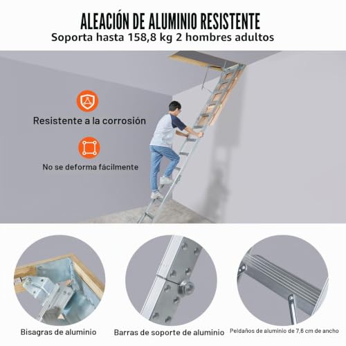 Escalera telescópica plegable VEVOR para ático con capacidad de 158 kg y extensión ajustable 7