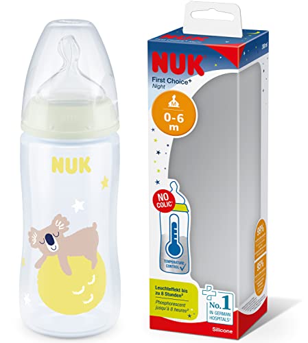 NUK First Choice+ Baby Bottles, 0-6 Months, 300 ml, Anti-Colic Valve, BPA Free (bisphenol A.), Silicone Teat with Temperature Control and Luminous Effect, Beige