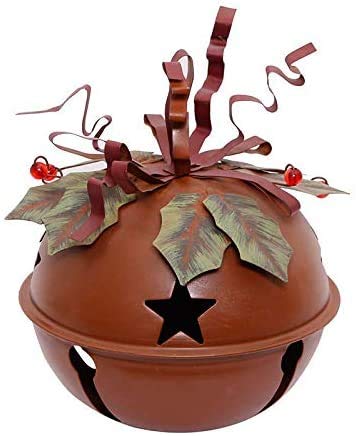 Red Metal Hanging Jingle Bell Decoration Set of 2 Rustic Cut-outs Star Metal Xmas Decorative Jingle Bell Ornament ,Metal Ribbon Festive Rustic Holiday Jingle Bell Christmas Tree Sled Deco (Small)