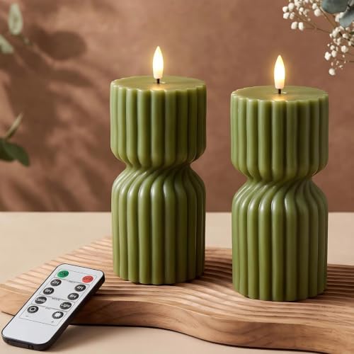 Olive Green Ribbed Flameless Candles