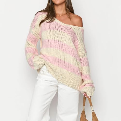 Oversized Knit Sweaters for Women Crewneck Long Sleeve Striped Loose Fit Drop Shoulder Jumpers Y2k Aesthetic Clothes2