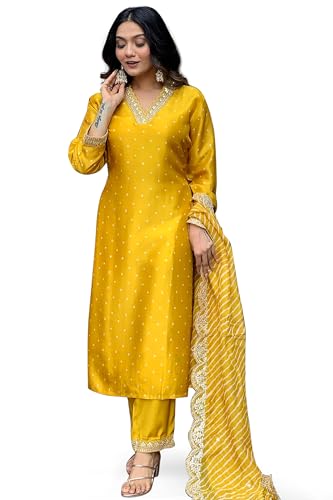 Image of Jwalin Women's Chinon Silk Embroidered Kurta and Pant Set with Dupatta|Kurta Set for Women|Ethnic Set|Kurti Set