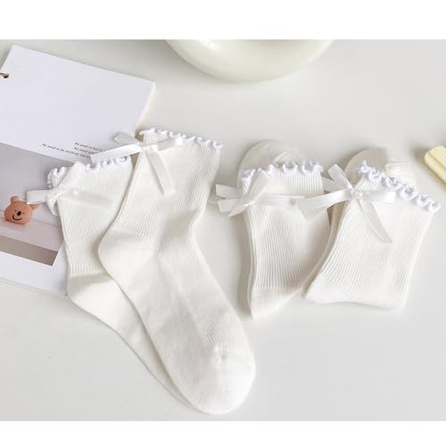 Image of Womens Bow Socks Ruffle Casual Crew Black Whitte Soft Breathable Cotton 4 Pairs Socks