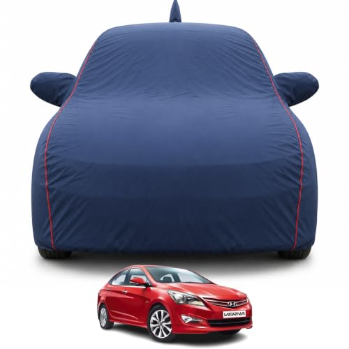 Image of Premium Car Cover for Hyundai's Fluidic Verna 2011-2016 Models | Waterproof, UV & Dust Protection | Mirror & Antenna Pocket | Triple Stitched, Soft Inner Lining, Belt & Buckle (Navy Blue)