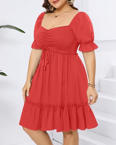 Image of Pinup Fashion Plus Size Summer Dresses-2026 Casual Puff Sleeve Sweetheart Neckline Smocked Short Babydoll Dress