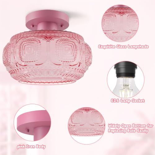 Image of Globe Glass Semi Flush Mount Ceiling Light Fixture, Pink