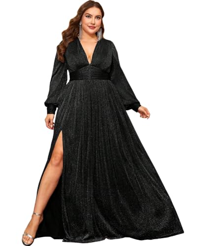 Women's Plus Size Long Sleeves Deep V-Neck Dresses with Slit A Line Formal Evening Gown