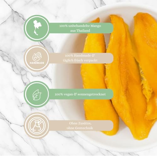 1001 Frucht - getrocknete Mango, 1Kg, Neue Ernte, Naturbelassen, Ohne Zuckerzusatz, Vegan, Sonnengetrocknete saftige Mango Streifen ungeschwefelt, Tropischer Snack