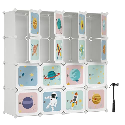 SONGMICS Estantería Modular, Armario Modular con Puertas, Estantería plástico Infantil de 16 Cubos, 4 Barras de Colgar Ropa, Zapatos, Juguetes, 123 x 41 x 123 cm, Blanco LPC905W01
