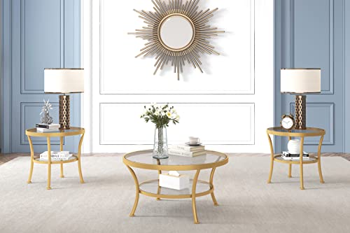 O&K Furniture Modern Round Coffee Table With Storage, 2-Tier Glass Top Coffee Table For Living Room, Gold #TOP6