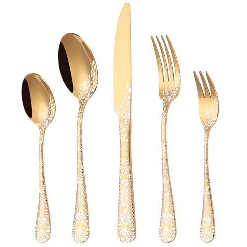 Besteck Set Gold für 6 Personen, HONKKU 30-teiliges Edelstahl Besteckset, Essbesteck Set Spiegel Polierter mit Blumenmustern, Gabel Löffel Messer...
