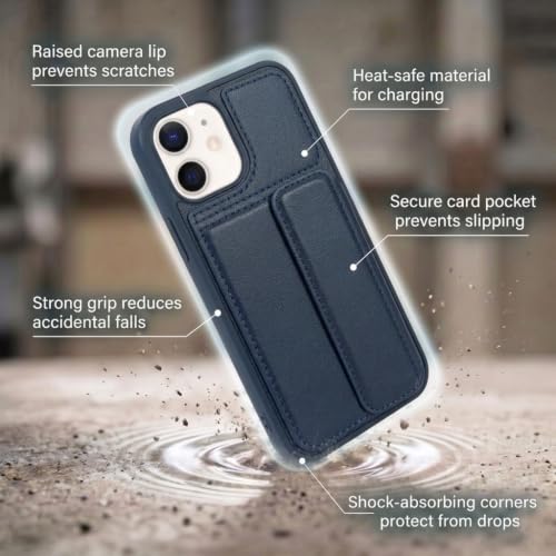 Image of amazon basics Luxury Vegan Leather Back Cover for iPhone 11 | Built-in Card Holder Slot | Integrated Mobile Stand | Slim Shockproof Protective Case with Stitched Finish - Blue