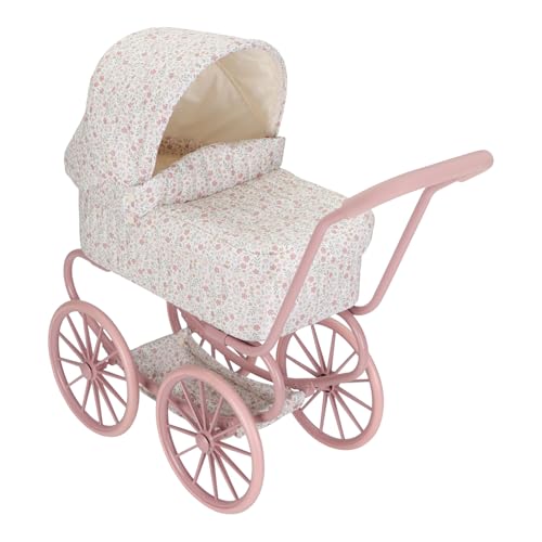 Little Dutch Puppenwagen aus Metall mit großen Rädern, Sonnenverdeck und Aufbewahrungskorb für Puppen bis 46 cm - Soft Flowers Weiß/Rosa