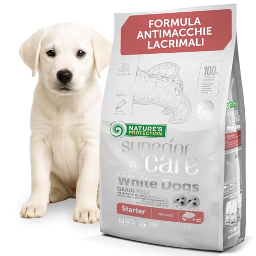 Nature’s Protection Superior Care Crocchette Cani per Cuccioli dal Pelo Bianco - Cibo per Cani Senza Cereali e Ipoallergenico, con Salmone e Omega 3 e 6 - Contro le Macchie da Lacrimazione (1,5 kg)