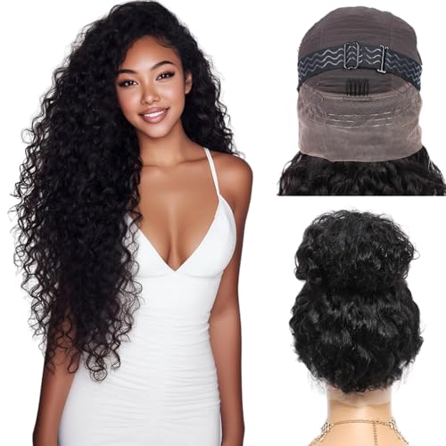 puremiss Hidden Strap Water Wave 360 Glueless Wigs Human Hair Pre Plucked Bleached Knots 250 Density HD Full Lace Frontal Wig with Invisible Drawstring Curly Wig for Women 16 inch