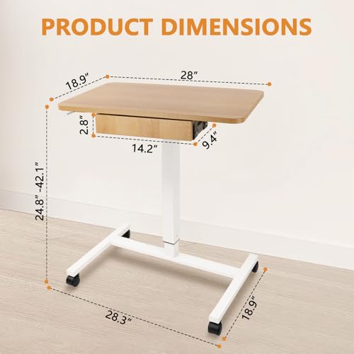 CLATINA Mobile Laptop Standing Desk, Height Adjustable Teacher Podium with Lockable Wheels, Adjustable Work Table with Drawer, Computer Cart Overbed Table for Home Office Classroom, Beige - Thumbnail 3