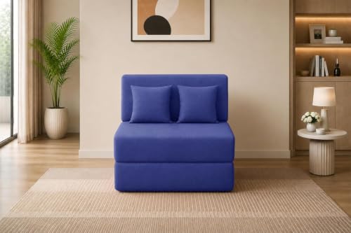 Image of Los Angeles Foldable One Seater Sofa Cum Bed, Sofa Bed 3 X 6 Feet Jute Fabric Washable Cover- Including Two Cushion Perfect for Living Room & Office - Blue Color