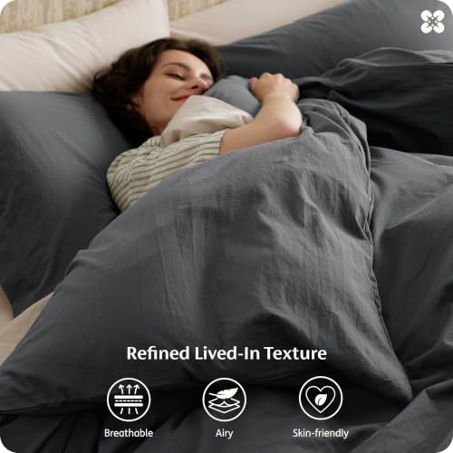 Image of Bedsure 100% Washed Cotton Duvet Cover Cal King - Charcoal Minimalist Bedding Set Linen Like - PureWoven Plain Simple & Soft Comforter Cover for All Seasons (Charcoal, California King, 104 inchx98 inch)