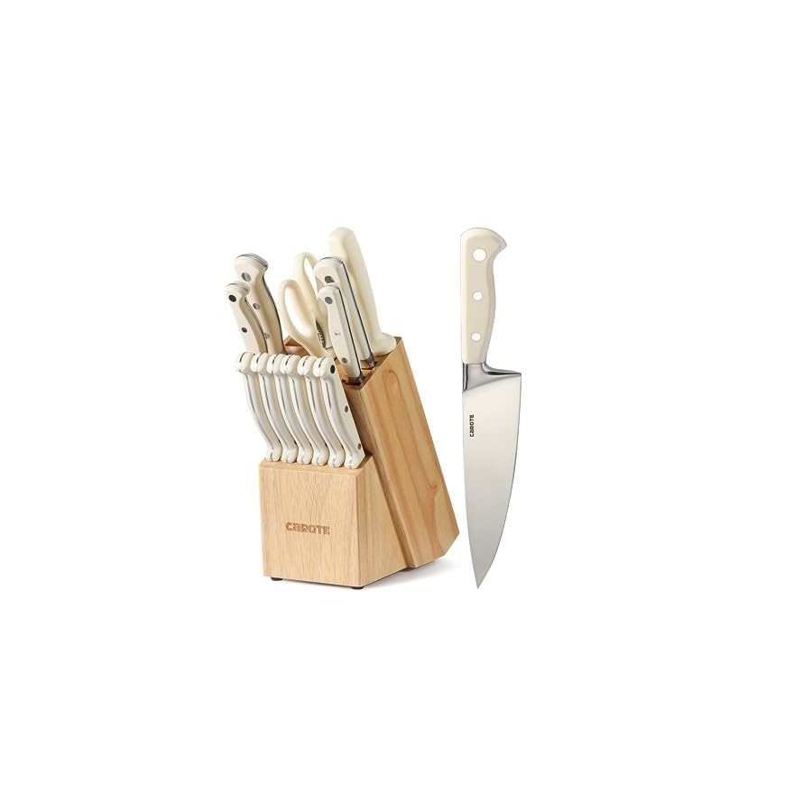 CAROTE 14 Pieces Knife Set with Block, Forged, High Carbon Stainless Steel Sharp Blade Block Knife Set, Dishwasher Safe Cutlery, Cream