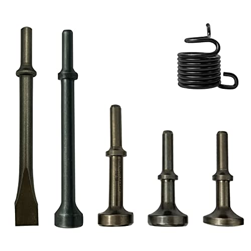 JANNO 6PCS Air Hammer Bit Set, 0.4Inch Shank Smoothing Pneumatic Hammer Bits with One Pneumatic Chisel, Extended Length Hammer Tool with Spring for The Formation of Metal Plates, Rivets, tire Repair