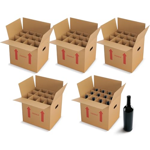 Tatuo 5 Pack Wine Bottle Boxes for Moving 14 x 12 x 13 Inch Corrugated 12 Bottle Liquor Shipping Box Bulk Kitchen Packing Storage Carrier with Divider Kits and Handles for Glassware Dishes