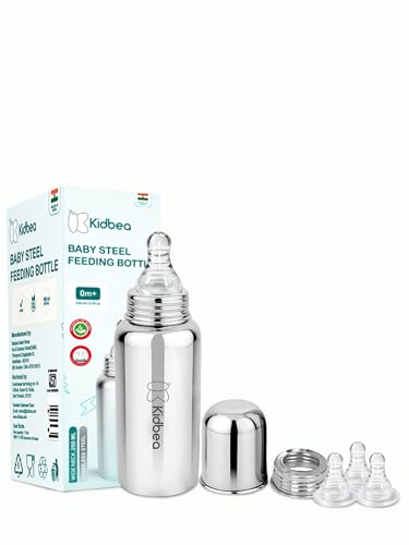 Image of Kidbea Steel Feeding Bottle 250ml for Newborns with Extra 3 Silicon Nipples | BPA Free, Food Grade, Leakproof | Safe & Durable Baby Milk Feeder