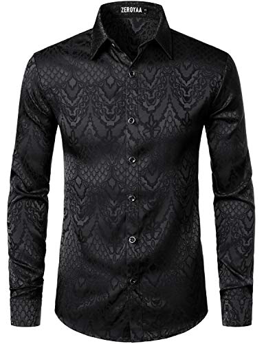 ZEROYAA Men's Hipster Slim Fit Long Sleeve Gothic Jacquard Button Up Dress Shirts for Party Prom