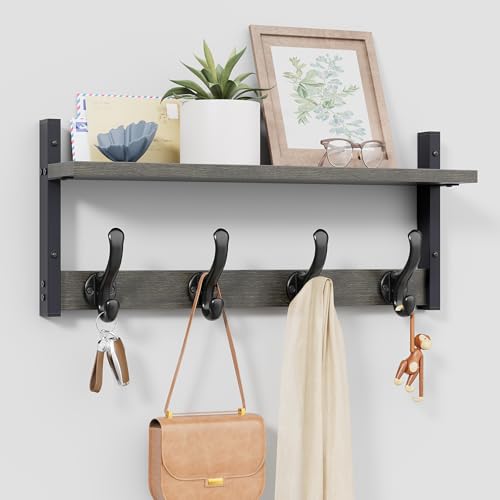 Image of Tatub 20 inch Rustic Coat Rack Wall Mount with Shelf, Wall Hooks with Shelf, Heavy Duty Entryway Organizer Hangers for Hanging, Hat, Bag, Jacket for Bathroom, Living Room, Bedroom, Ebony