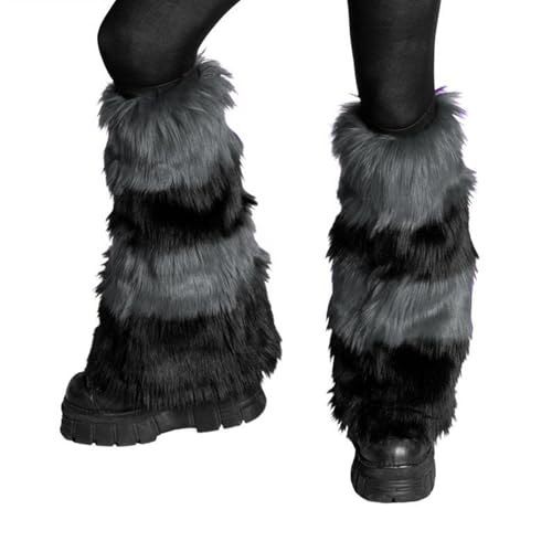 Image of YILEEGOO Womens Faux Fur Fuzzy Leg Warmers Warm Fuzzy Rainbow Boot Sleeves Boot Covers Cuff Fluffy Rave Music (Z-Grey Black, One Size)