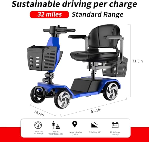 Image of 20A-32 Miles Electric Mobility Scooter for Adults Wheelchair Device for Travel, Elderly. 350 lbs Max Weight, 350W Heavy Duty Mobility Scooters for Seniors with Two Baskets (Y3-BULE3)