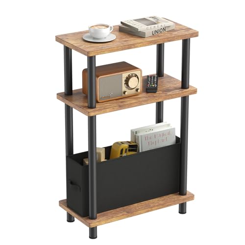 APICIZON サイドテーブル スリム ナイトテーブル 布製引き出し付き ミニテーブル 木目調 収納棚付き ベッドサイド ソファサイド ラック おしゃれ 小さい ベッド横 カフェテーブル (40cm*18cm*62cm、ブラウン)