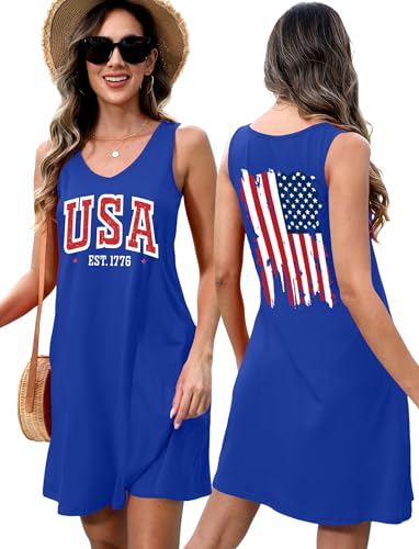 Image of LHBNK 4th of July Dress for Women: American Flag Tank Dresses Star Striped Splicing Loose V Neck Sundresses