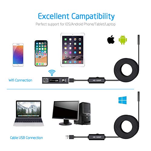 Yaasier Endoskopkamera WiFi USB Endoskop Inspektionskamera 8mm Halbsteife Kabel 2.0 Megapixels 1200P HD IP68 Wasserdicht… – Bild 8