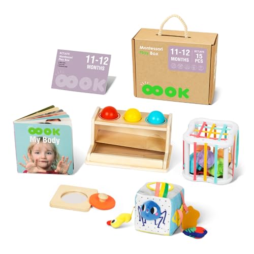 Image of OOOK Montessori Toys for 1 Year Old, 5 in 1 Learning Educational Wooden Toys Set (Includes Push Balls Set, Shape Sorter, Mirror Puzzle, Cloth Toy Box and More)