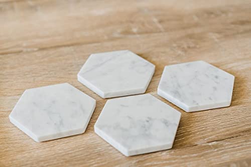 MBSC White Natural Marble Hexagonal Coasters (4-Pack Premium Heat-Resistant Tabletop Stone Drink Coaster Set)