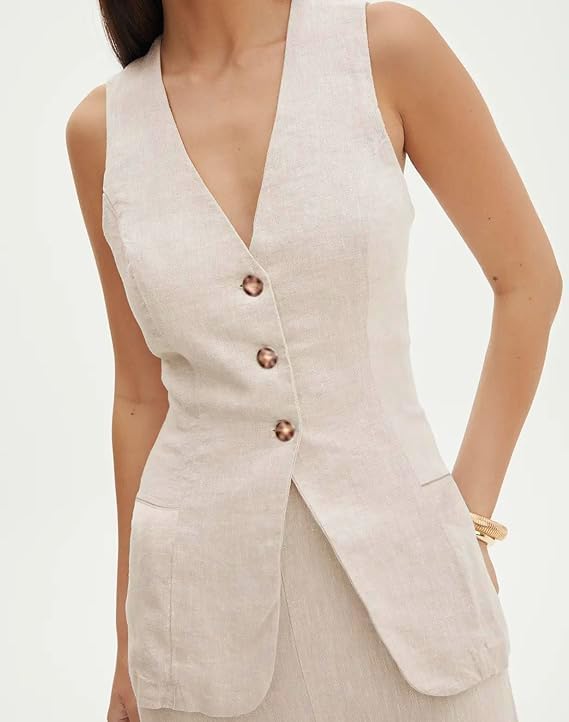 Melliflo Womens Summer Long Linen Vest Casual Sleeveless V Neck Button Down Tops Casual Summer Vest with Pocket - Image 2