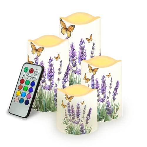 Image of Lavender Butterfly Flameless Candles Bulk Timer Battery Operated Candles with Remote Color Changing Electric Pillar Led Candles Room Home Dining Table Decorations Tea Light