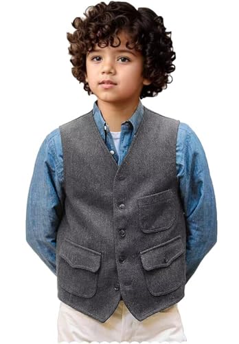 Retro Boys Vest Tweed Herringbone Kids Suit Vest Wedding Ring Bearer Outfit Boy Sleeveless Waistcoat