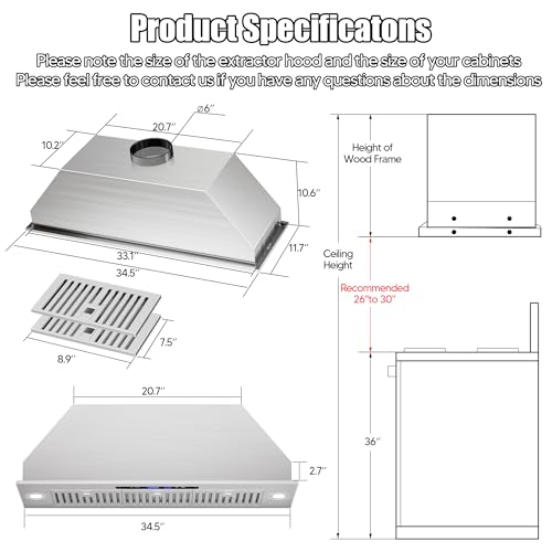 36 Inch Insert Range Hood,Stainless Steel Kitchen Stove Vent Hood,Ducted/Ductless Convertible Duct,900 CFM with 4 Speed Gesture Sensing&Touch Control Panel