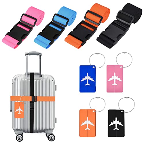 JOELELI Lot de 4 sangles de bagage, larges sangles réglables à boucle à dégagement rapide avec 4 étiquettes à bagages pour accessoires de voyage (bleu, rose, noir et orange) Cover
