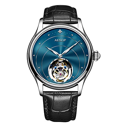 Image of Aesop Tourbillon Watches for Men Mechanical Hand Wind Wrist Watches Skeleton Stainless Steel Sapphire Crystal 30M Waterproof Classic Dress Luxury Business Watch Black Blue White Dial 7048(Blue L)