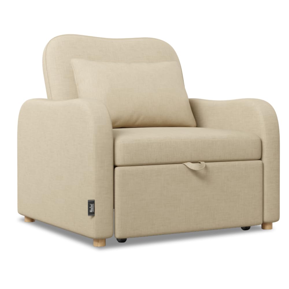 Nalui-Sofá Cama 1 Plaza 3 en 1 Buddy 92x97x90cm con Respaldo Ajustable 2 Posiciones y Almohada. Sofá Cama Individual de Lino, Soporta hasta 200Kg. Sillón Relax Reclinable con Reposabrazos, Beige