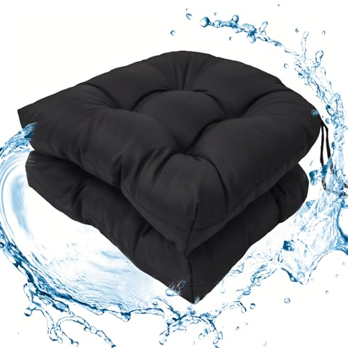 Wadser Outdoor Tufted Seat Cushions, 2 Pack Patio Wicker Chair Cushion with Ties, Waterproof Chair Pads Round Corner Cushions 19