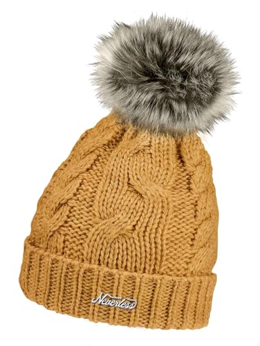 Neverless® Damen Strickmütze mit Bommel Grobstrick Pudelmütze mit Fellbommel Fake Fur Wintermütze Mustard Unisize