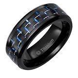 8MM Mens Titanium Ring Wedding Band Black Plated with Black and Blue Carbon Fiber Inlay [Size 12]