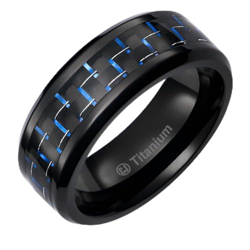 8MM Mens Titanium Ring Wedding Band Black Plated with Black and Blue Carbon Fiber Inlay [Size 12]
