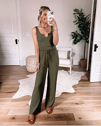 Prettygarden Womens Summer Casual Two Piece Outfits Sweatsuits Tank Scoop Neck Ribbed Knit Long Pants Tracksuits(Army Green, Large) #TOP6